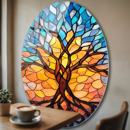 Renkli Vitray Desenli Hayat Ağacı Oval Dikey Cam Tablo