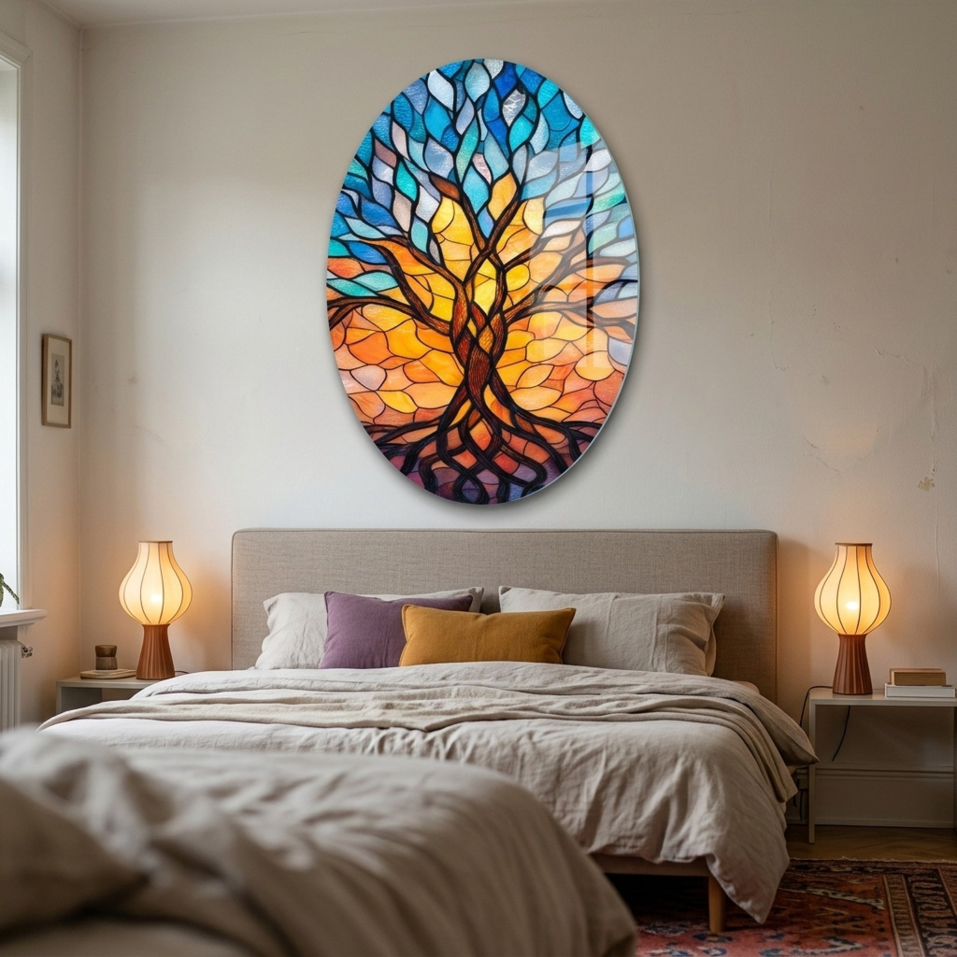 Renkli Vitray Desenli Hayat Ağacı Oval Dikey Cam Tablo