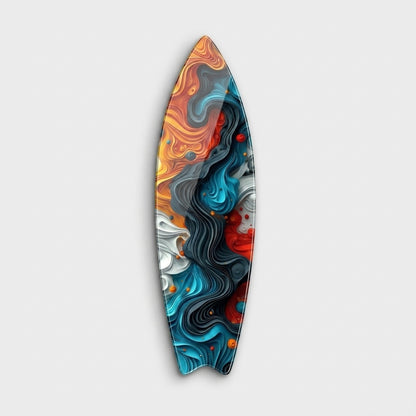Renkli Akışkan Dalgalar Soyut 3D Görünümlü Surf Board Cam Tablo