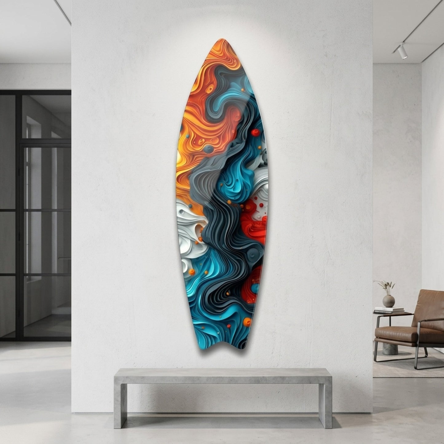 Renkli Akışkan Dalgalar Soyut 3D Görünümlü Surf Board Cam Tablo