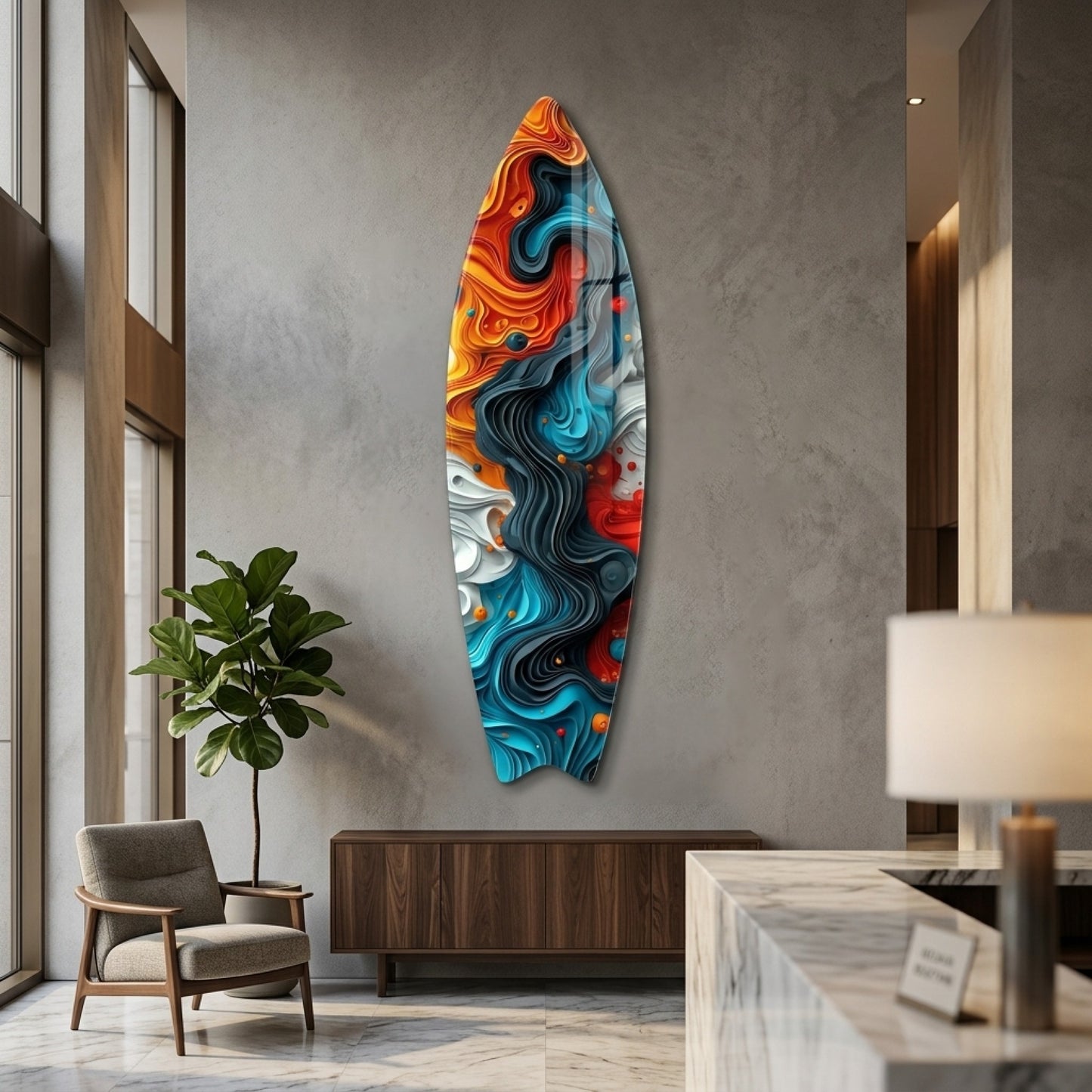 Renkli Akışkan Dalgalar Soyut 3D Görünümlü Surf Board Cam Tablo