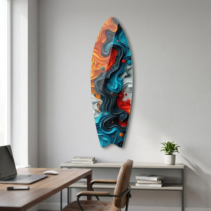 Renkli Akışkan Dalgalar Soyut 3D Görünümlü Surf Board Cam Tablo