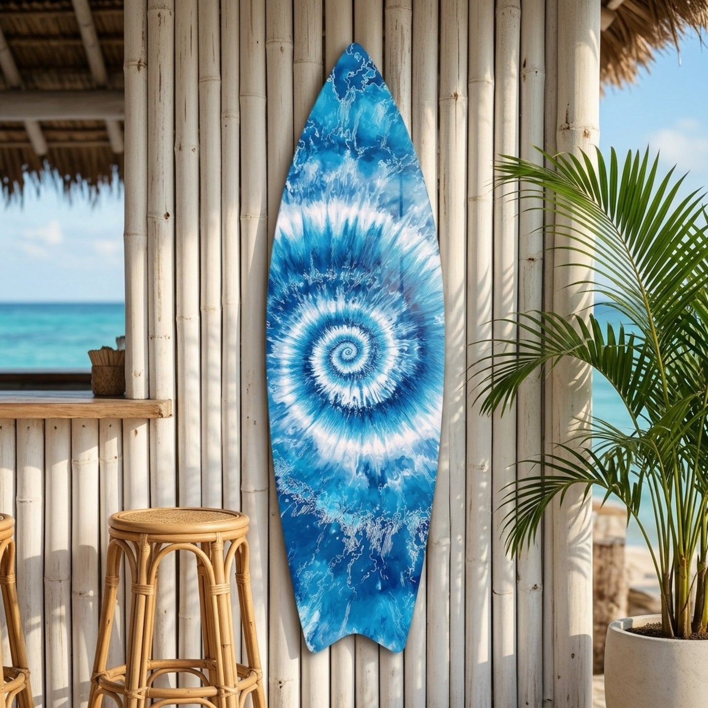 Mavi Beyaz Spiral Batik Desenli Surf Board Cam Tablo