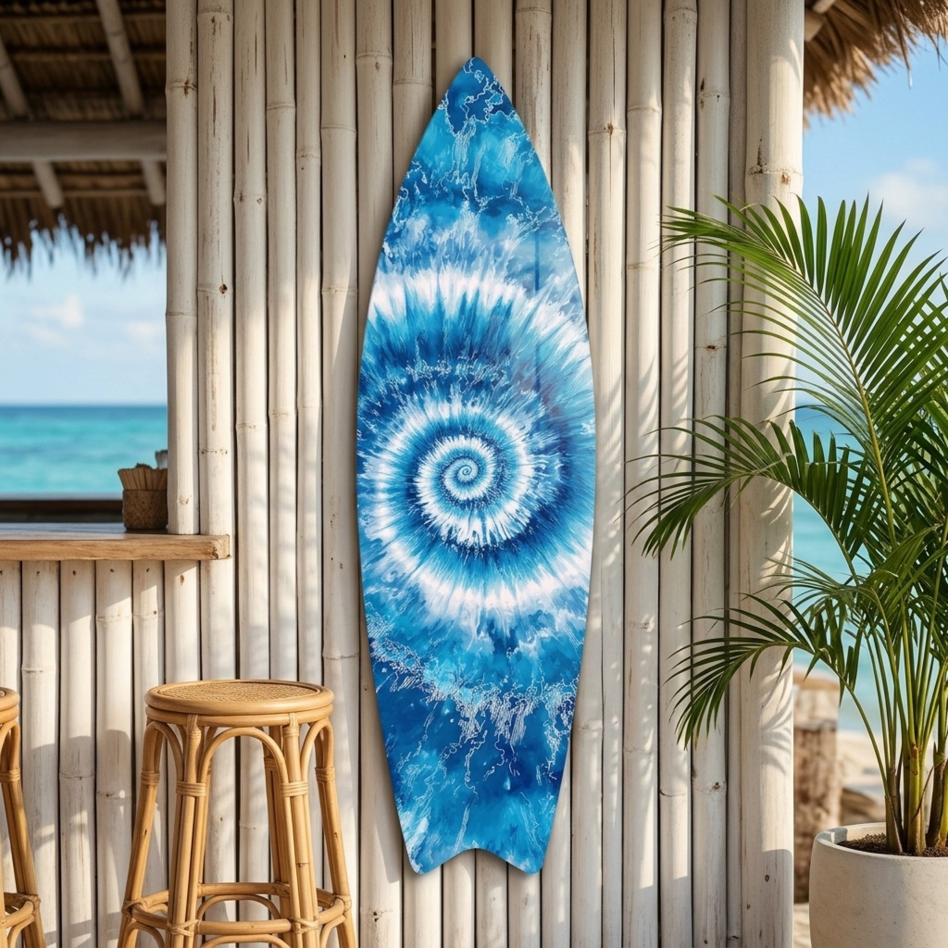 Mavi Beyaz Spiral Batik Desenli Surf Board Cam Tablo