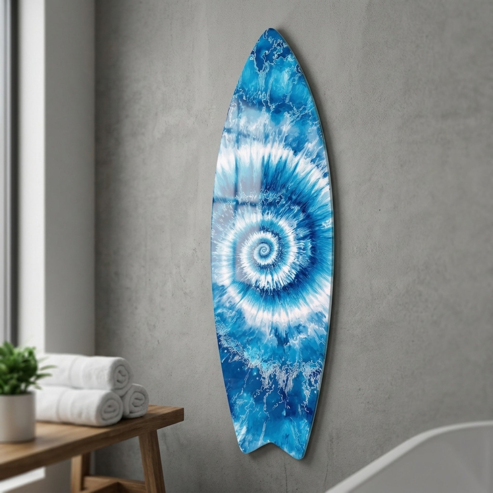 Mavi Beyaz Spiral Batik Desenli Surf Board Cam Tablo