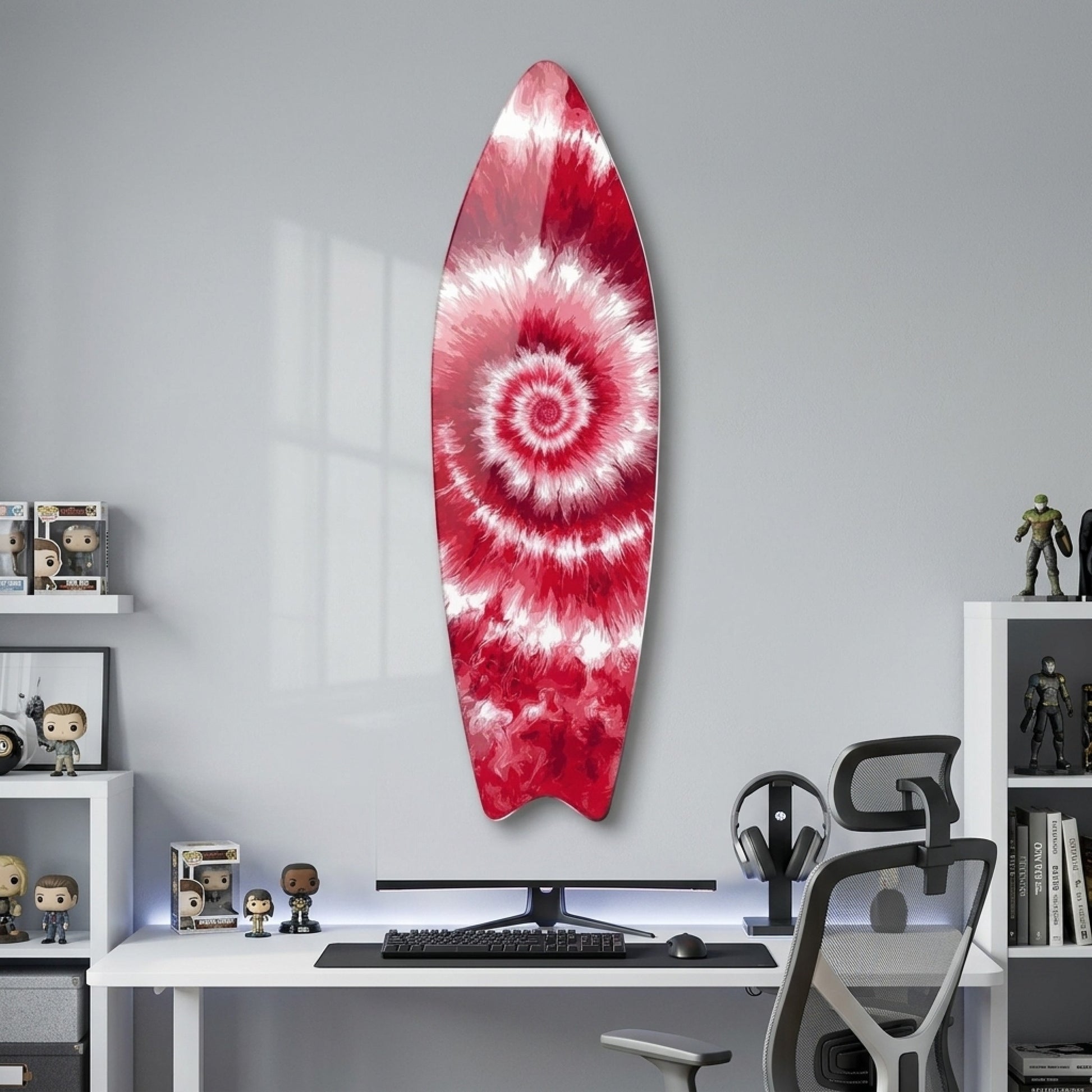 Kırmızı Beyaz Girdap Desenli Tie-Dye Surf Board Cam Tablo
