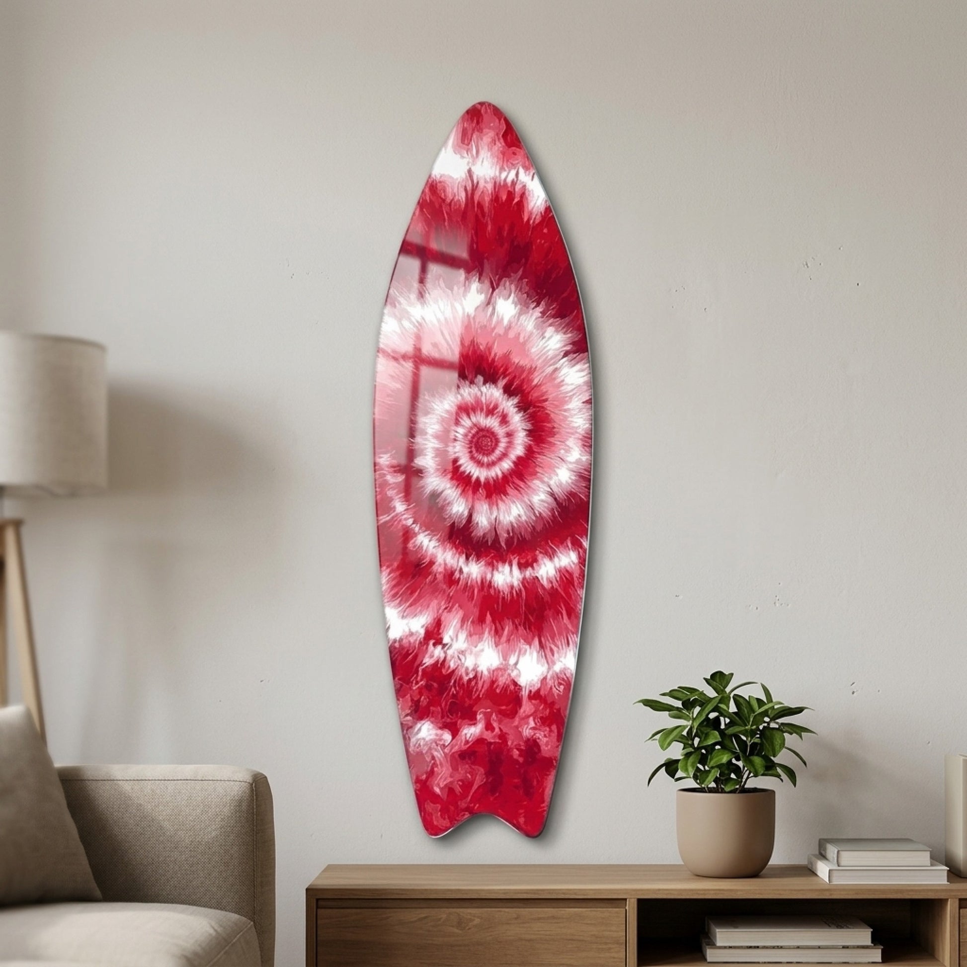 Kırmızı Beyaz Girdap Desenli Tie-Dye Surf Board Cam Tablo