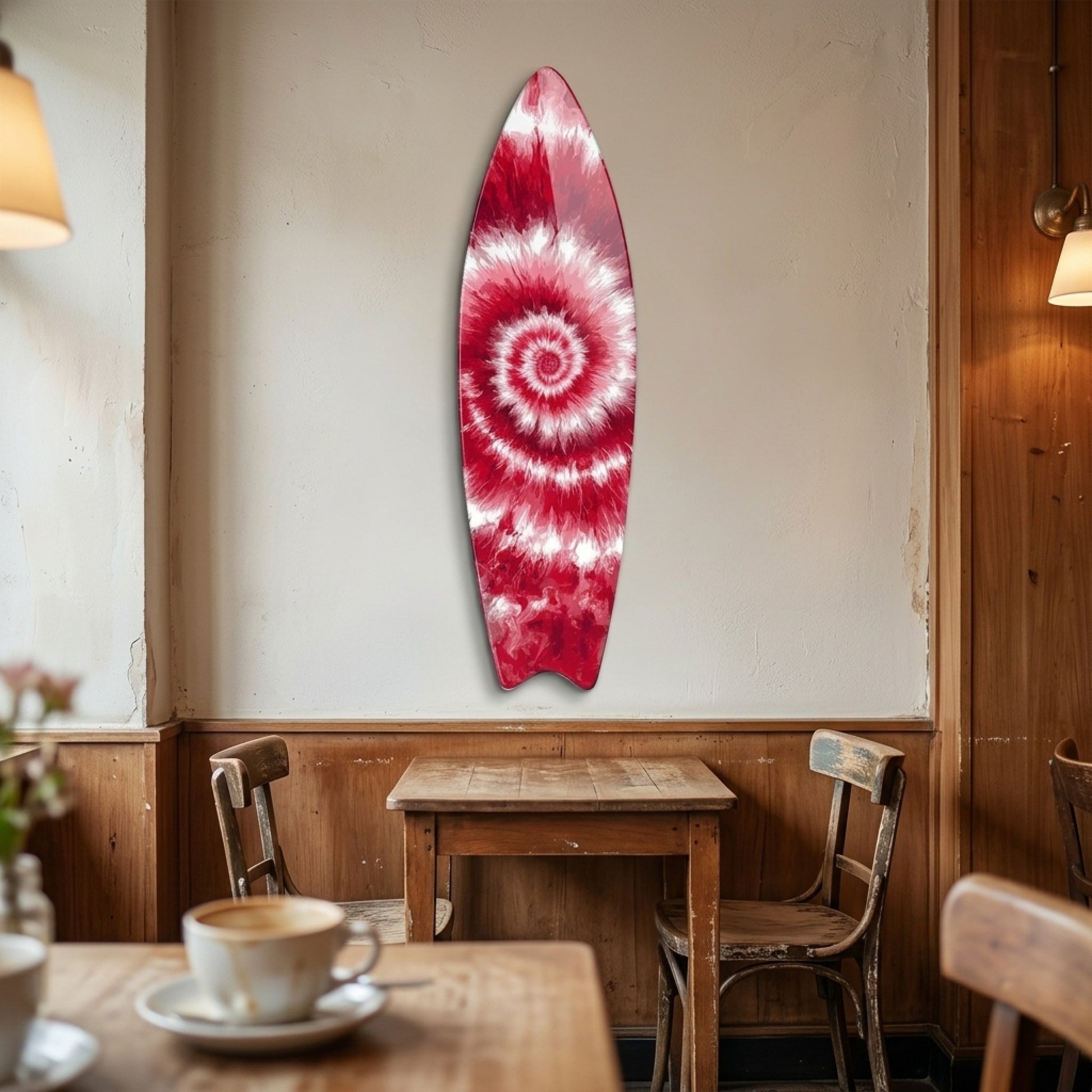 Kırmızı Beyaz Girdap Desenli Tie-Dye Surf Board Cam Tablo