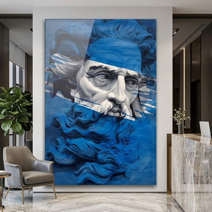 Mavi Heykel Büstü Modern Sanat Dikey Cam Tablo