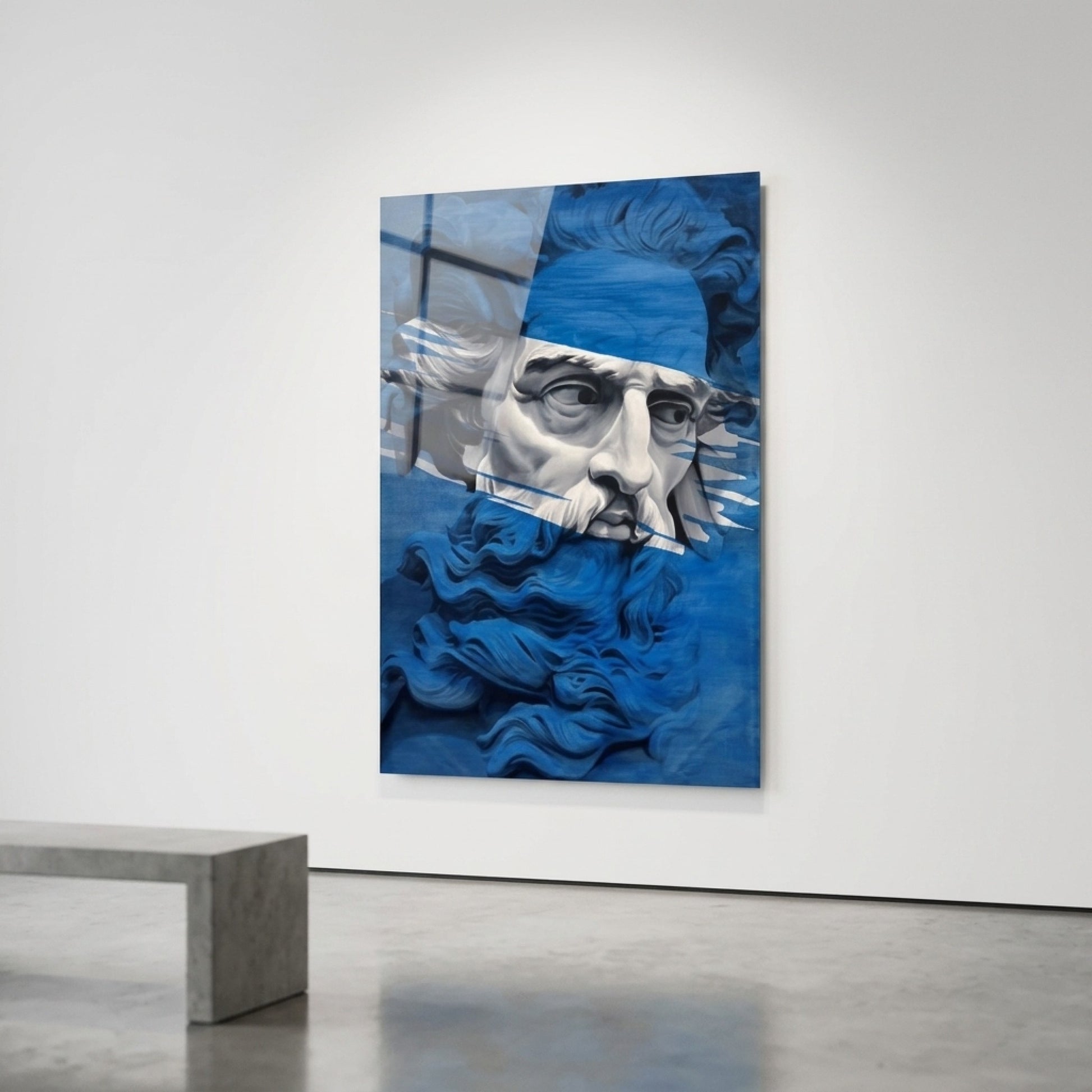 Mavi Heykel Büstü Modern Sanat Dikey Cam Tablo