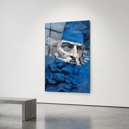 Mavi Heykel Büstü Modern Sanat Dikey Cam Tablo