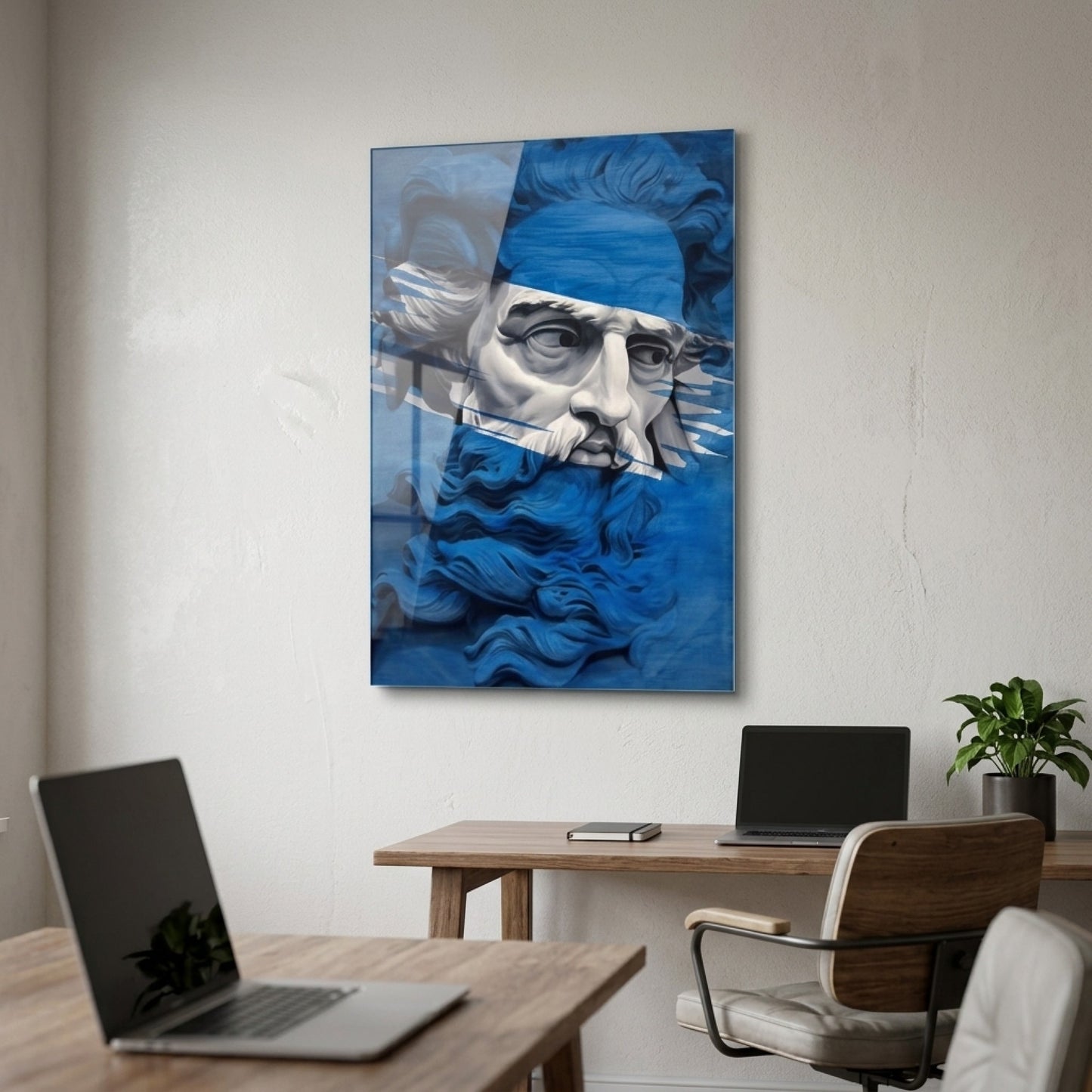 Mavi Heykel Büstü Modern Sanat Dikey Cam Tablo