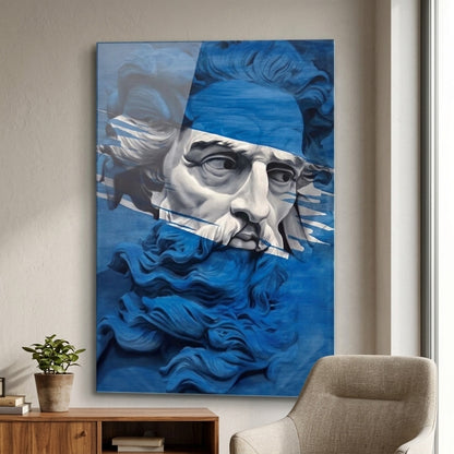 Mavi Heykel Büstü Modern Sanat Dikey Cam Tablo