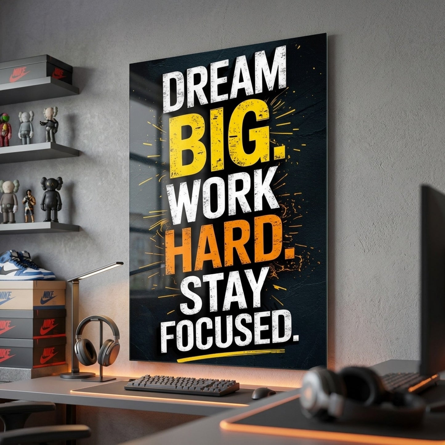 Dream Big Work Hard Stay Focused Motivasyon Tablosu Dikey Cam Tablo