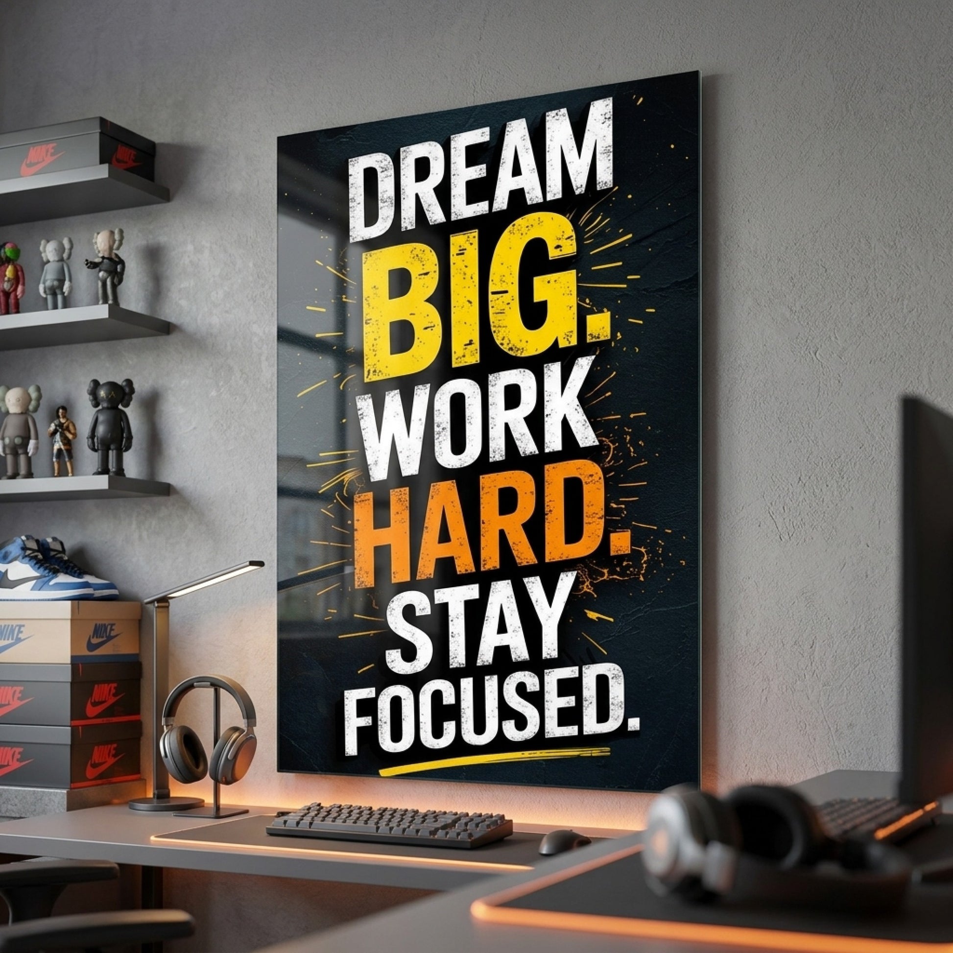 Dream Big Work Hard Stay Focused Motivasyon Tablosu Dikey Cam Tablo