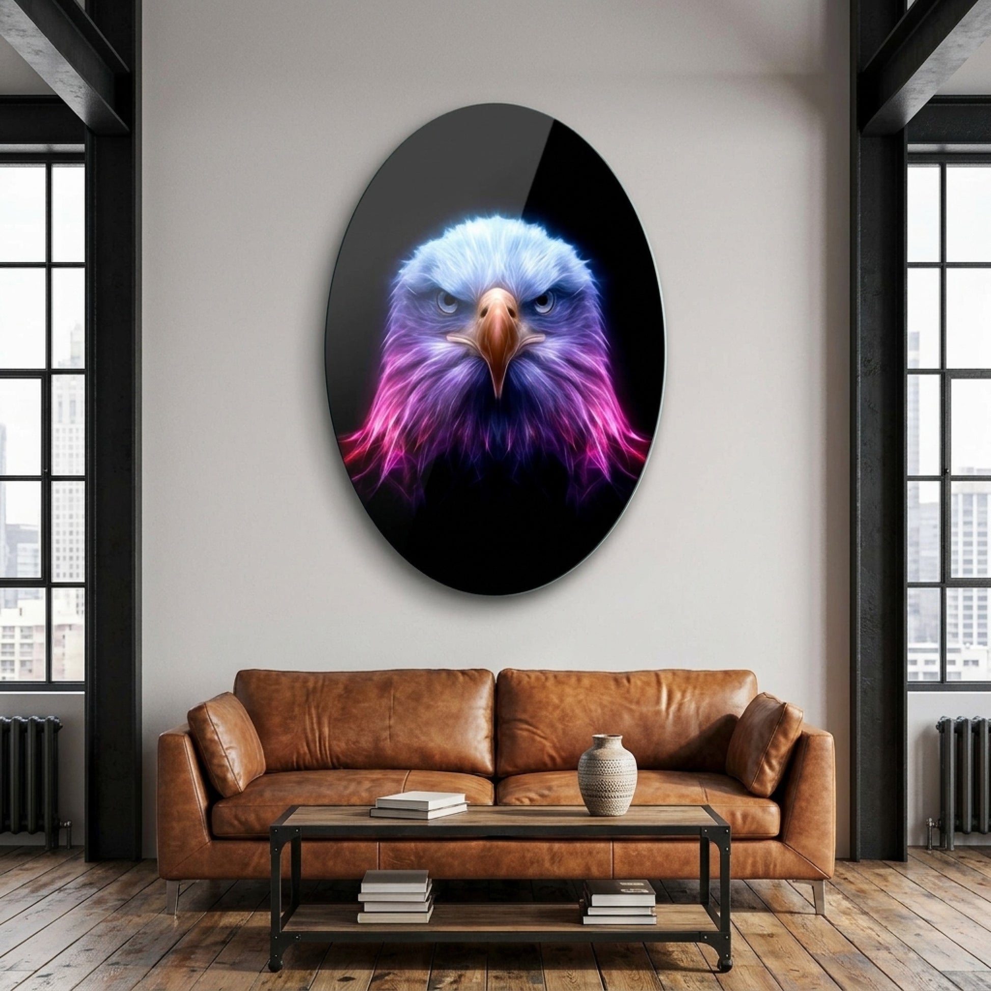 Neon Işıklı Kartal Başı Sanatsal Portresi Oval Dikey Cam Tablo