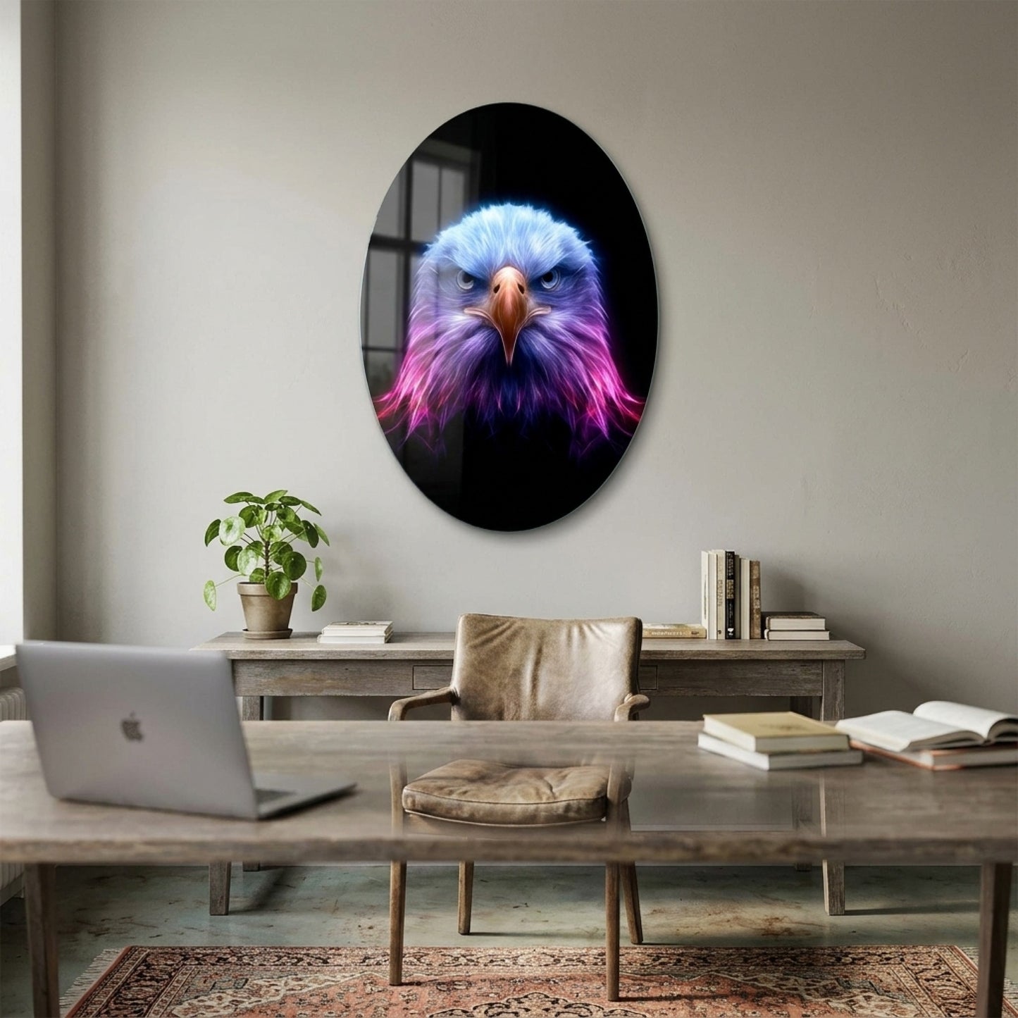 Neon Işıklı Kartal Başı Sanatsal Portresi Oval Dikey Cam Tablo