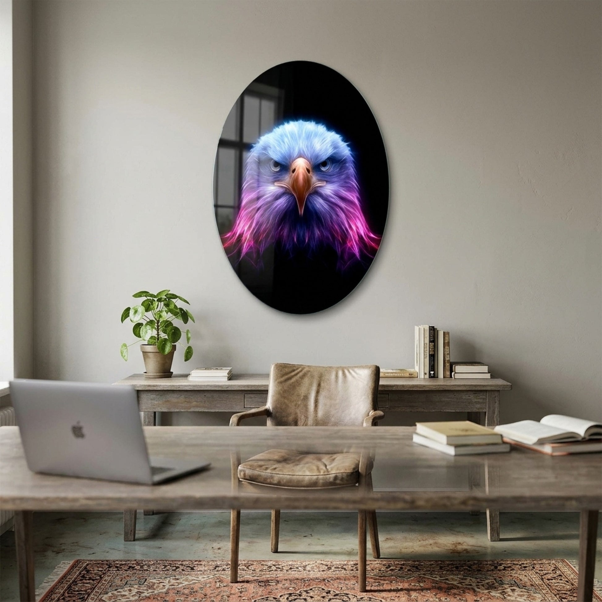 Neon Işıklı Kartal Başı Sanatsal Portresi Oval Dikey Cam Tablo