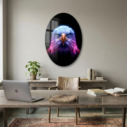 Neon Işıklı Kartal Başı Sanatsal Portresi Oval Dikey Cam Tablo