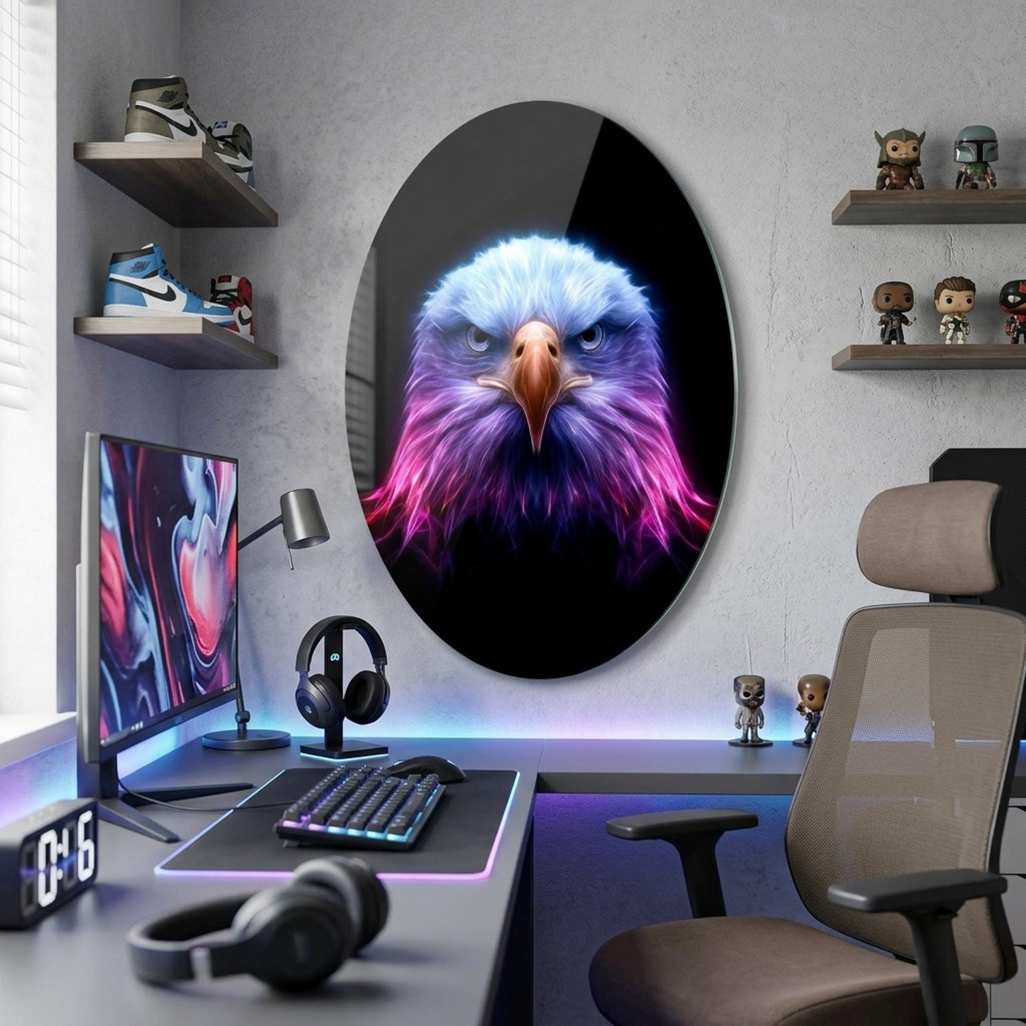 Neon Işıklı Kartal Başı Sanatsal Portresi Oval Dikey Cam Tablo