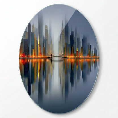 Modern Gece Şehri Yansımalı Oval Dikey Cam Tablo
