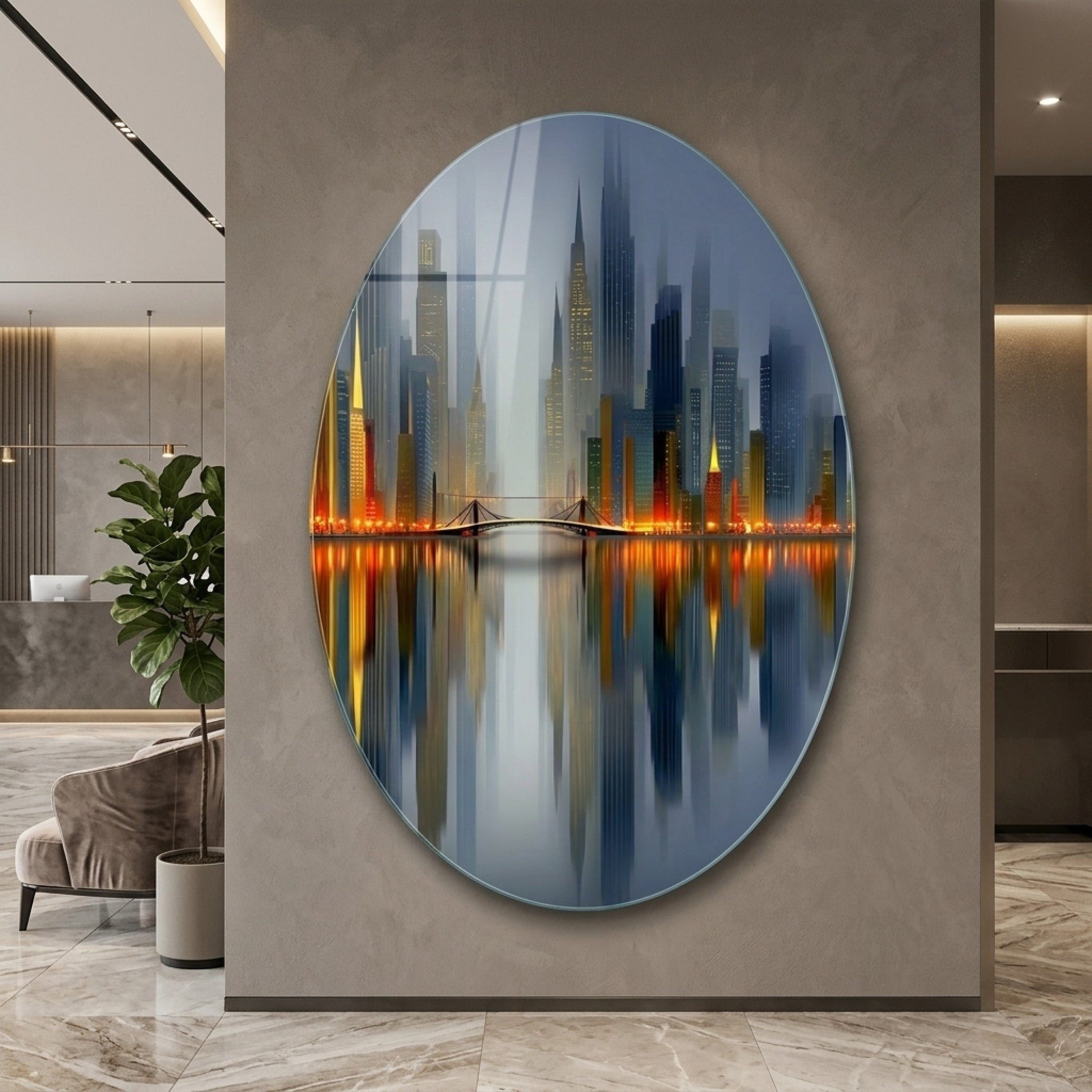 Modern Gece Şehri Yansımalı Oval Dikey Cam Tablo
