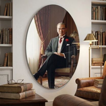 Atatürk Oturan Resmi Takım Elbiseli Oval Dikey Cam Tablo