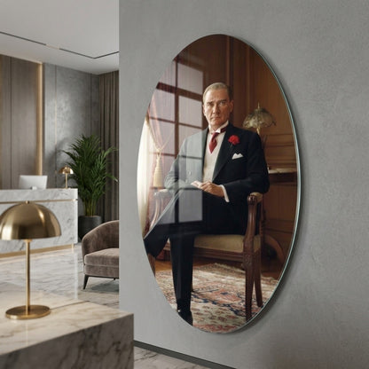 Atatürk Oturan Resmi Takım Elbiseli Oval Dikey Cam Tablo