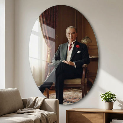 Atatürk Oturan Resmi Takım Elbiseli Oval Dikey Cam Tablo