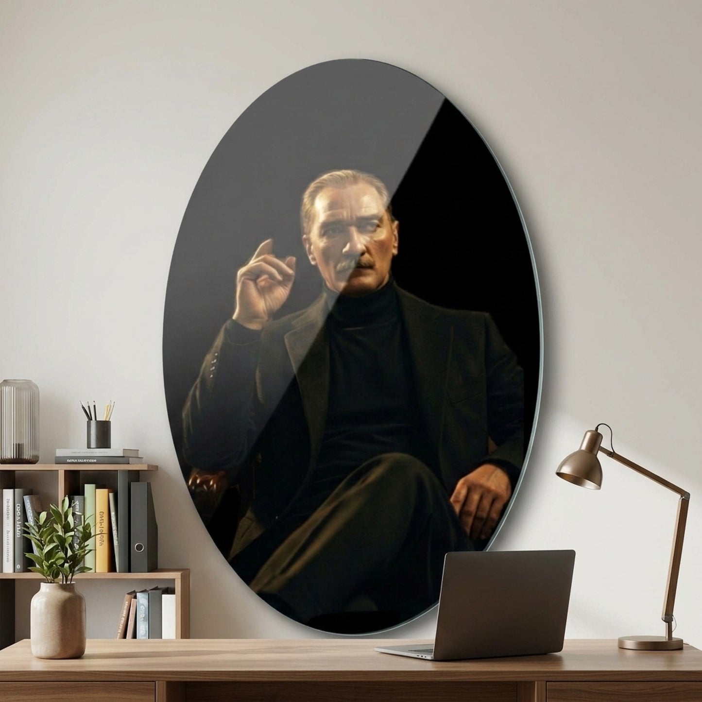 Modern Atatürk Portresi Siyah Ceketli Karizmatik Duruş Oval Dikey Cam Tablo