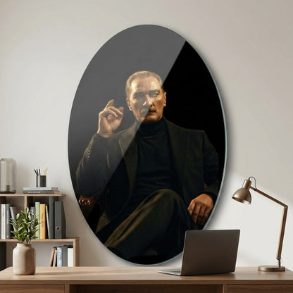 Modern Atatürk Portresi Siyah Ceketli Karizmatik Duruş Oval Dikey Cam Tablo