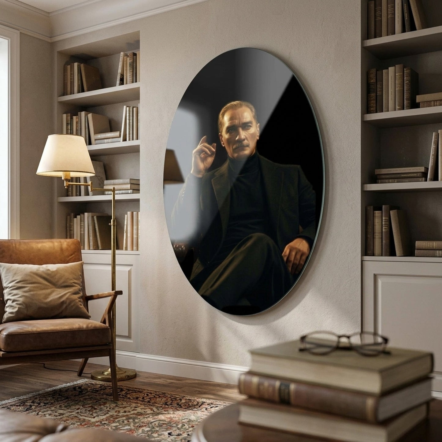 Modern Atatürk Portresi Siyah Ceketli Karizmatik Duruş Oval Dikey Cam Tablo