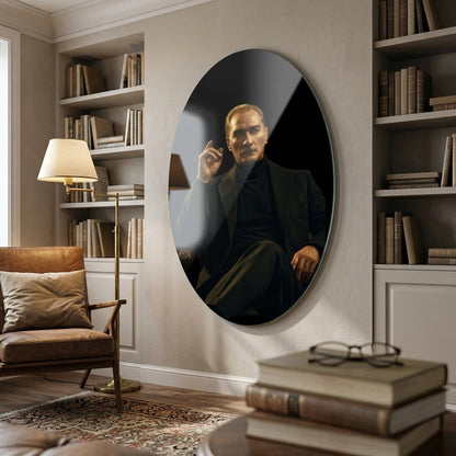 Modern Atatürk Portresi Siyah Ceketli Karizmatik Duruş Oval Dikey Cam Tablo