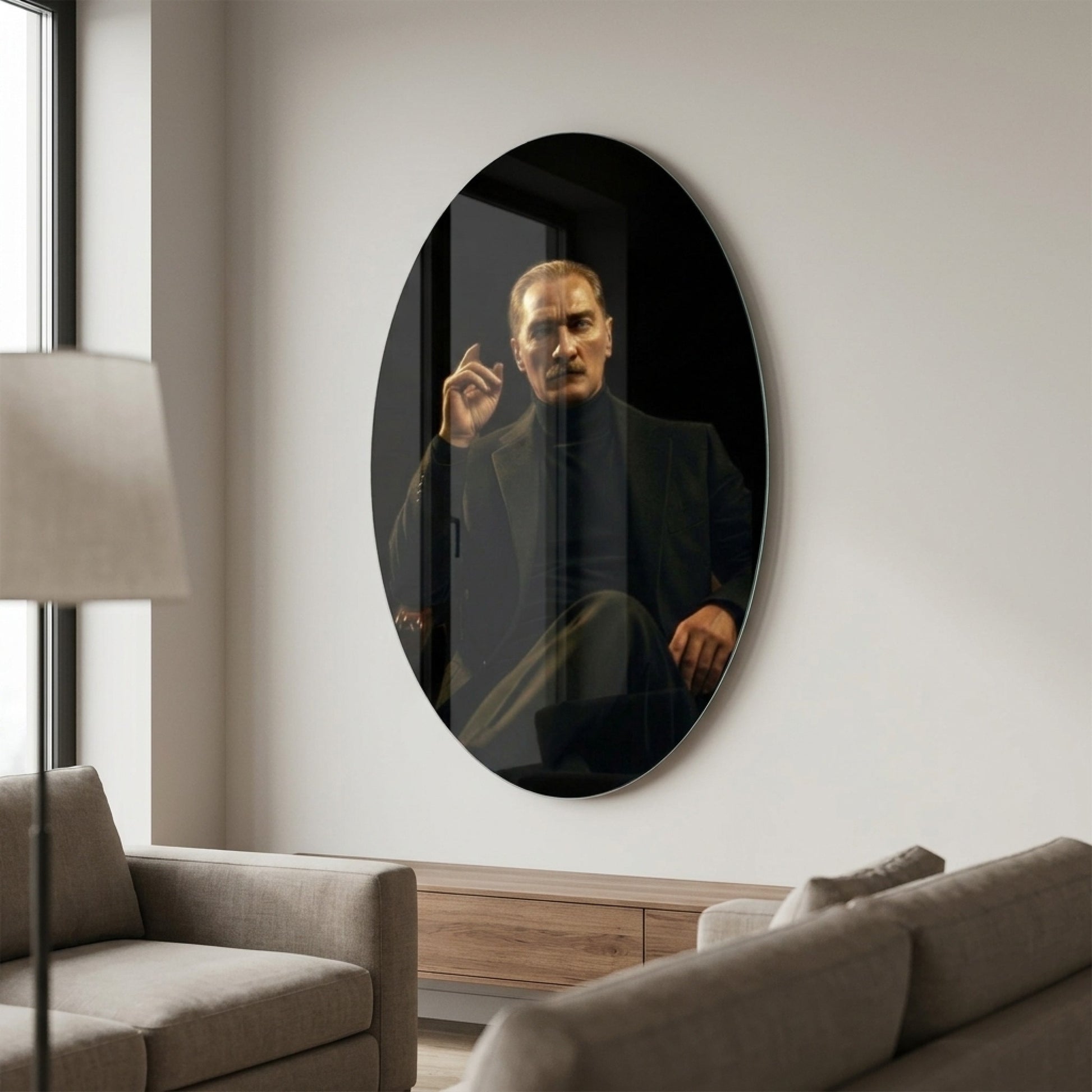 Modern Atatürk Portresi Siyah Ceketli Karizmatik Duruş Oval Dikey Cam Tablo