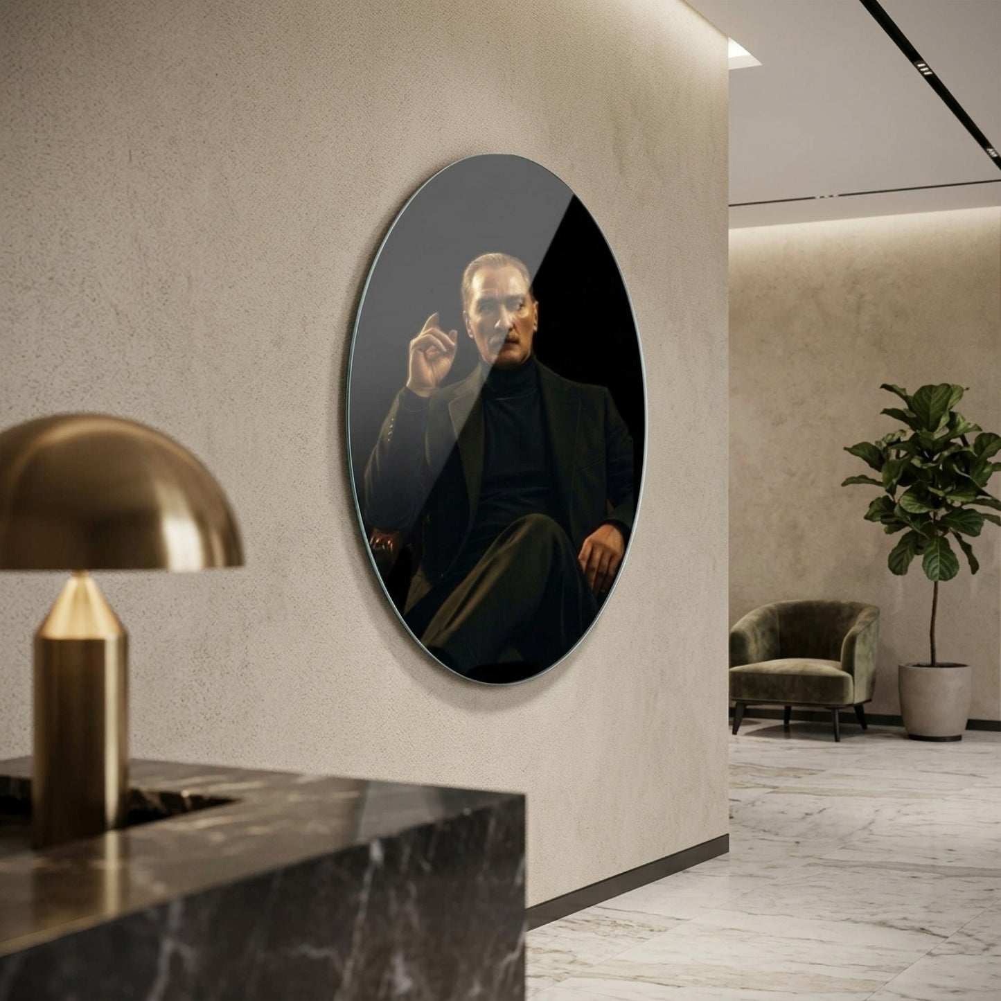 Modern Atatürk Portresi Siyah Ceketli Karizmatik Duruş Oval Dikey Cam Tablo