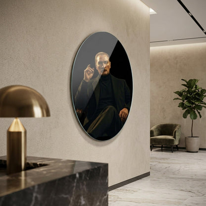 Modern Atatürk Portresi Siyah Ceketli Karizmatik Duruş Oval Dikey Cam Tablo