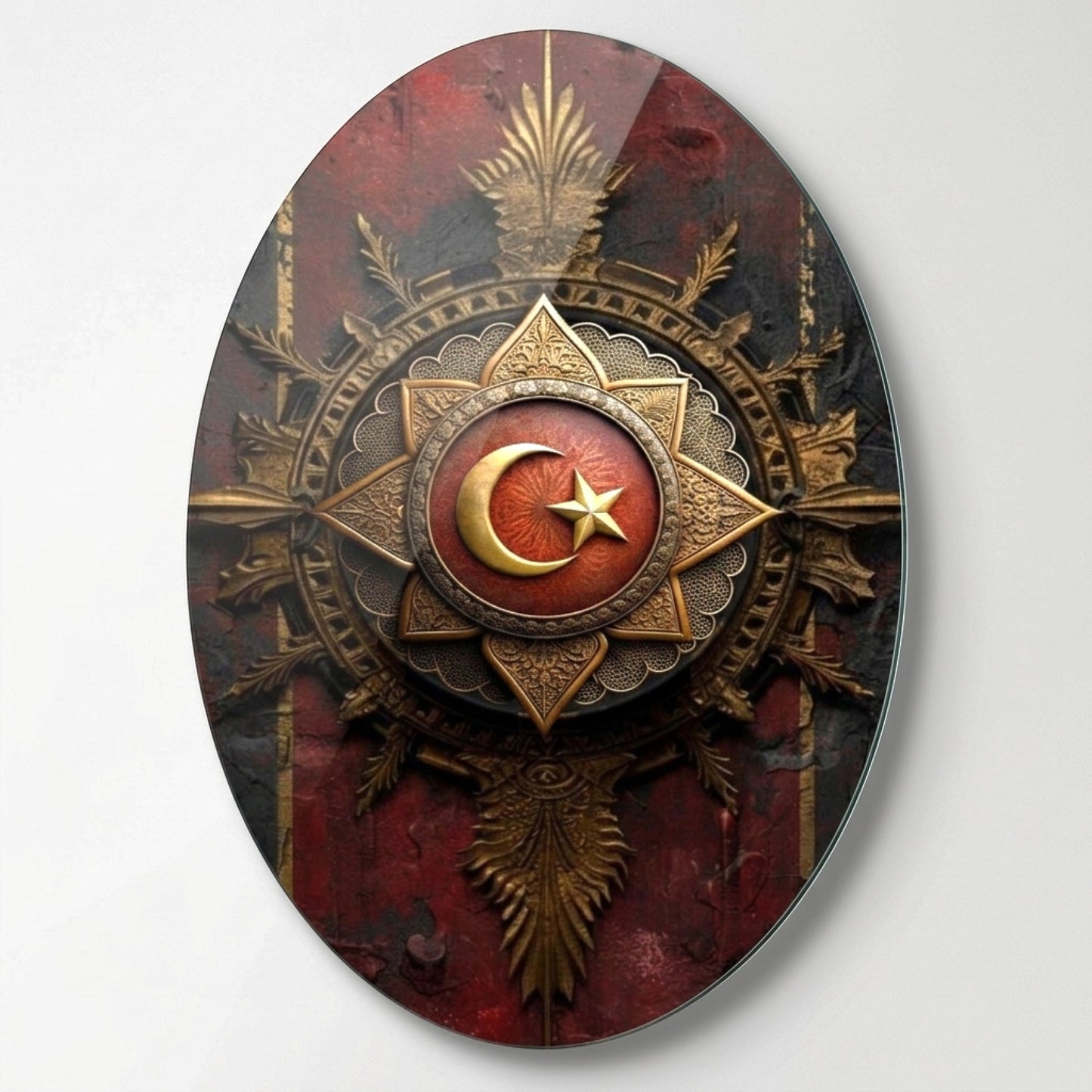 Osmanlı Tarzı Ay Yıldızlı Altın Nişan Oval Dikey Cam Tablo