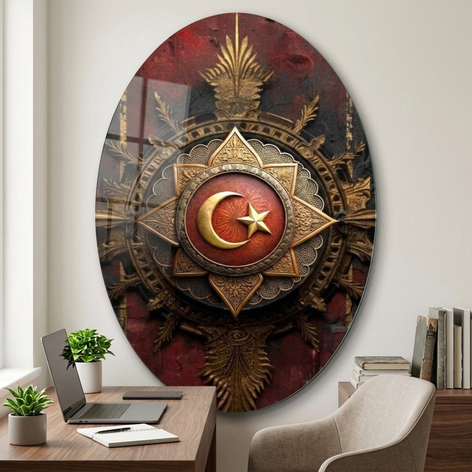 Osmanlı Tarzı Ay Yıldızlı Altın Nişan Oval Dikey Cam Tablo