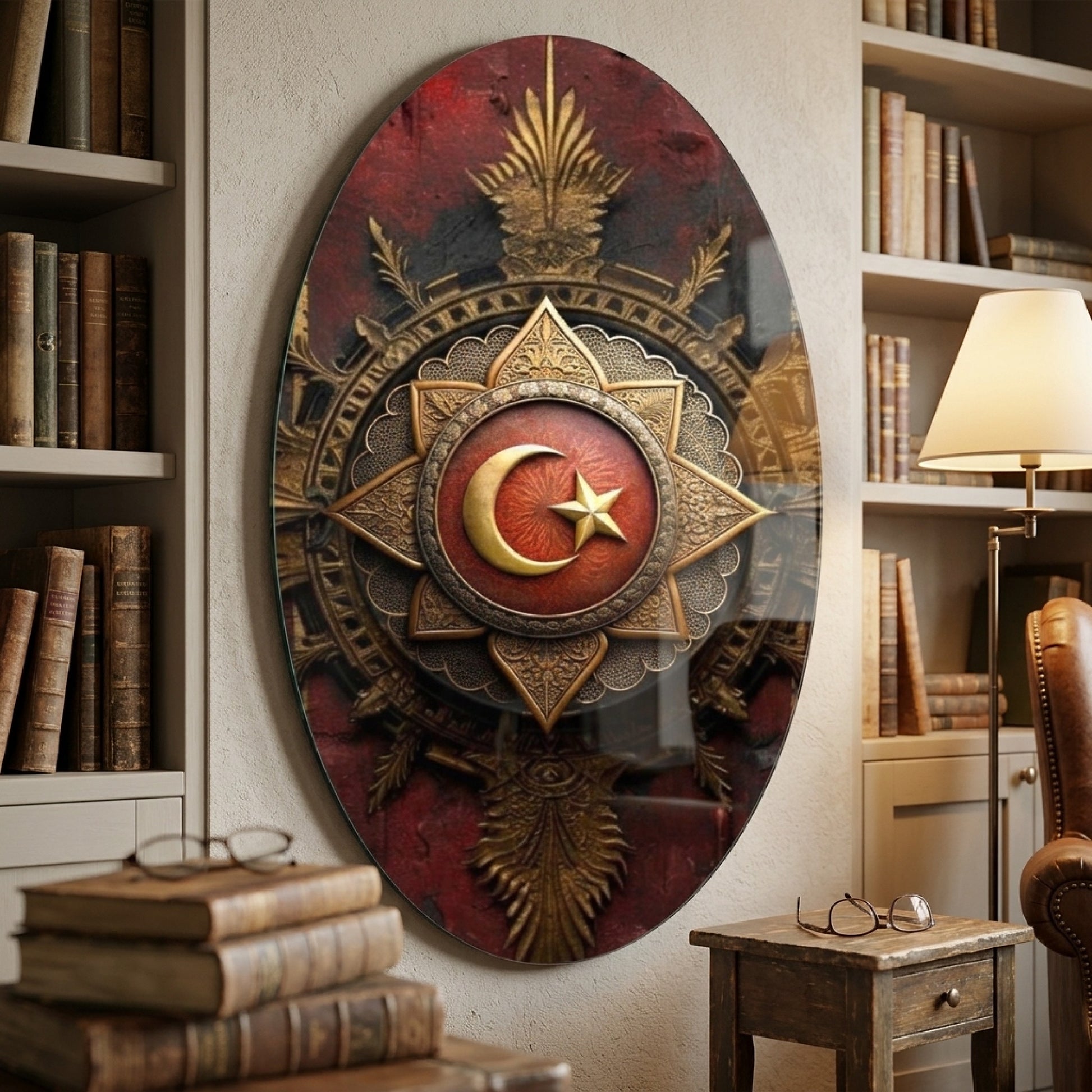 Osmanlı Tarzı Ay Yıldızlı Altın Nişan Oval Dikey Cam Tablo