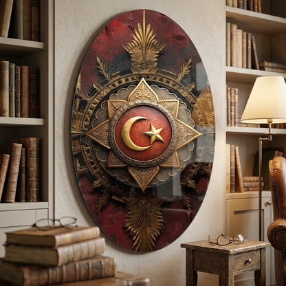 Osmanlı Tarzı Ay Yıldızlı Altın Nişan Oval Dikey Cam Tablo
