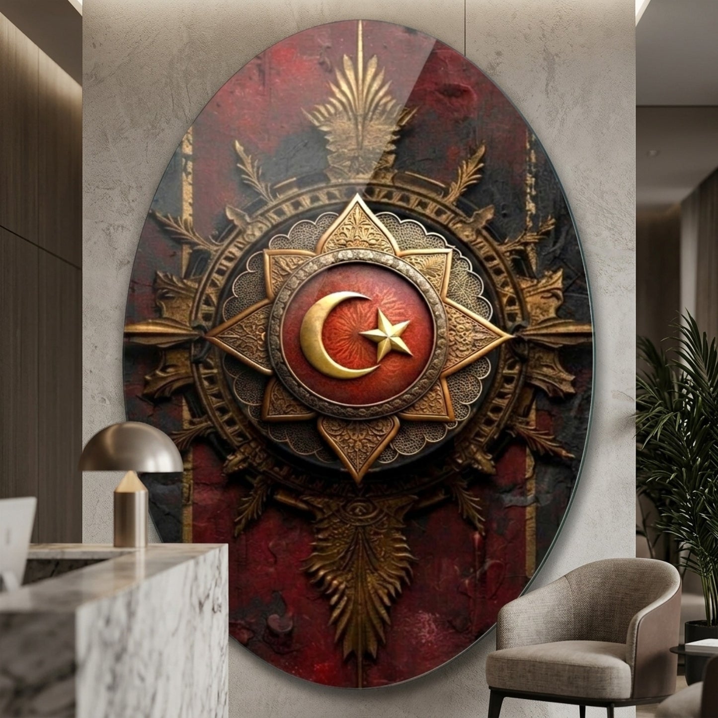 Osmanlı Tarzı Ay Yıldızlı Altın Nişan Oval Dikey Cam Tablo
