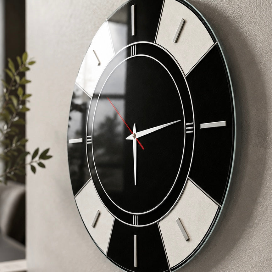 Art Deco Stil Siyah Beyaz Cam Saat