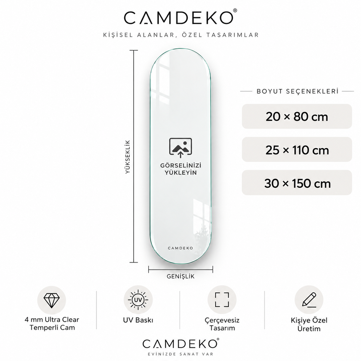 Kişiye Özel Dikey Skate Board Cam Tablo - Ölçü seçenekleri