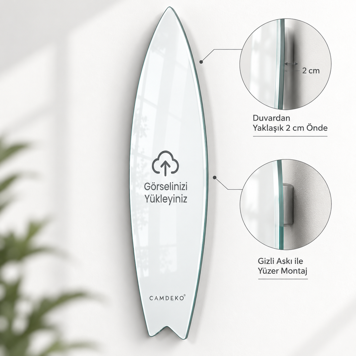 Kişiye Özel Dikey Surf Board Cam Tablo - 2 cm yüzer montaj