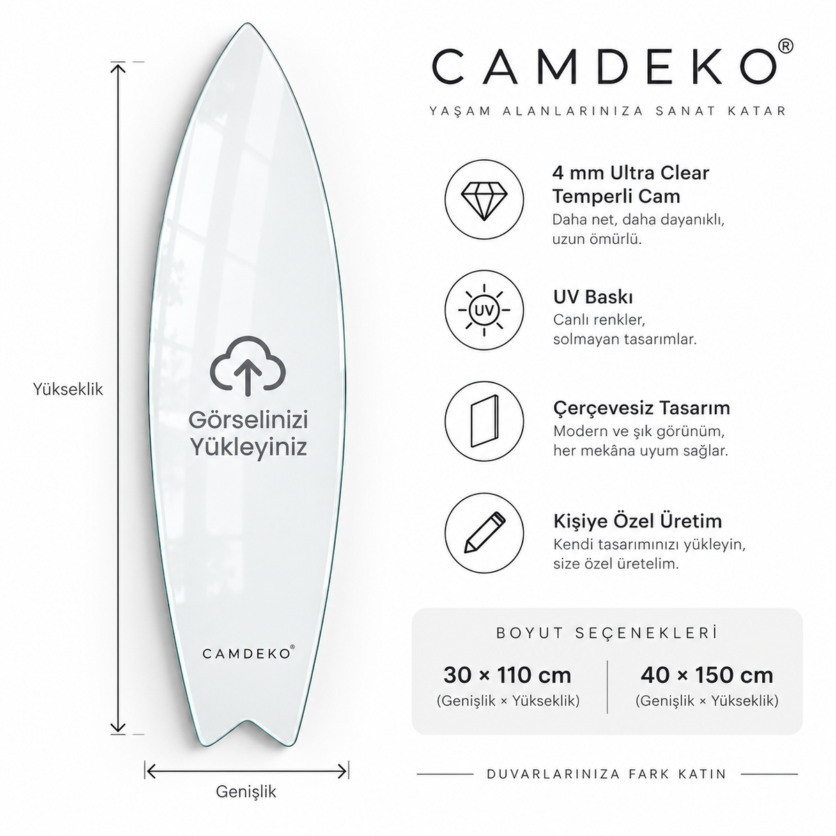 Kişiye Özel Dikey Surf Board Cam Tablo - Ölçü seçenekleri