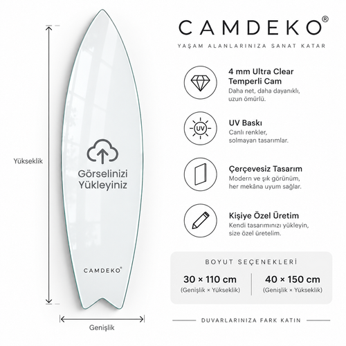 Kişiye Özel Dikey Surf Board Cam Tablo - Ölçü seçenekleri