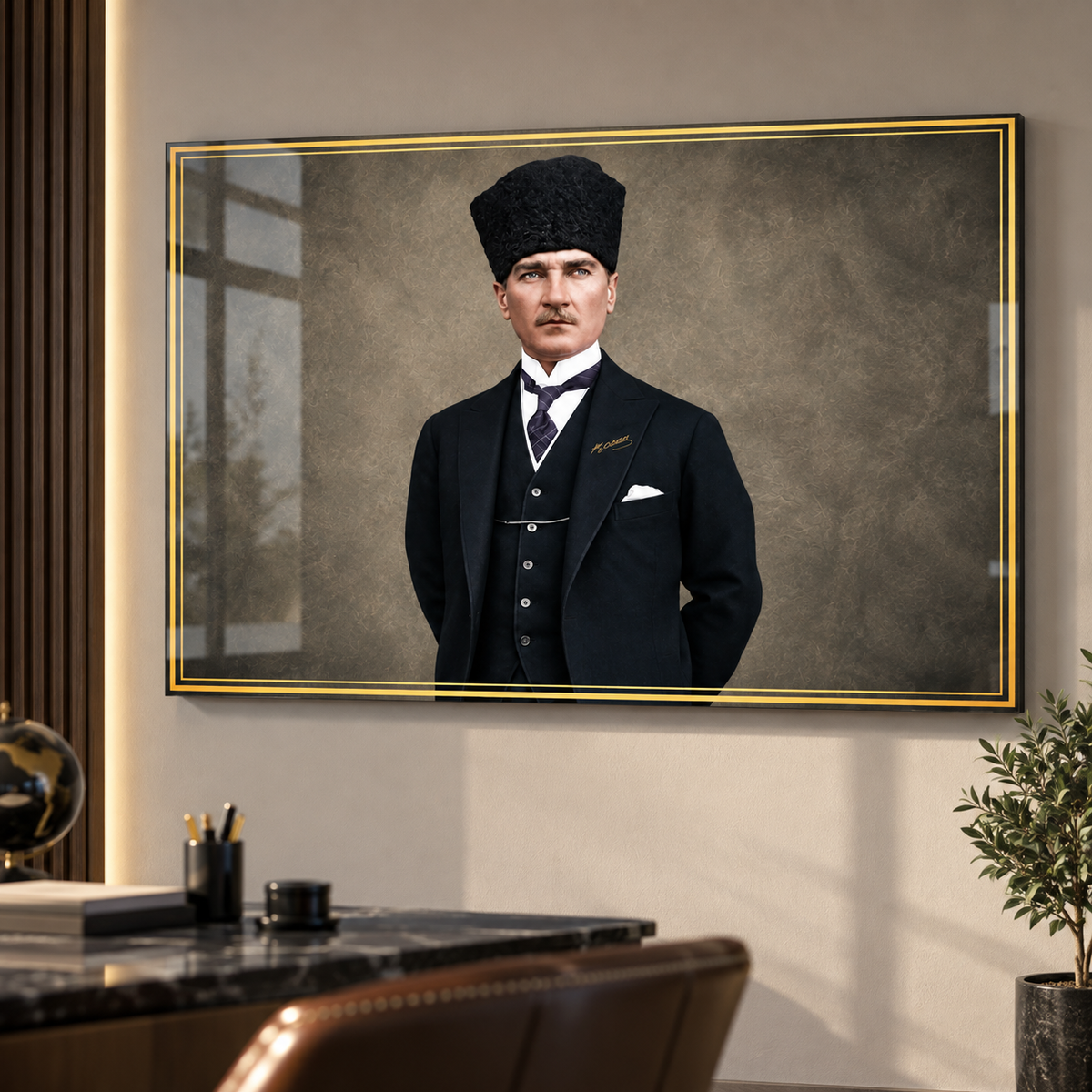 Atatürk Gold Çerçeve Detaylı Yatay Cam Tablo