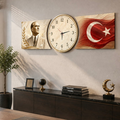 Atatürk Türk Bayrağı Saatli Şekilli Kesim Saat Cam Saat