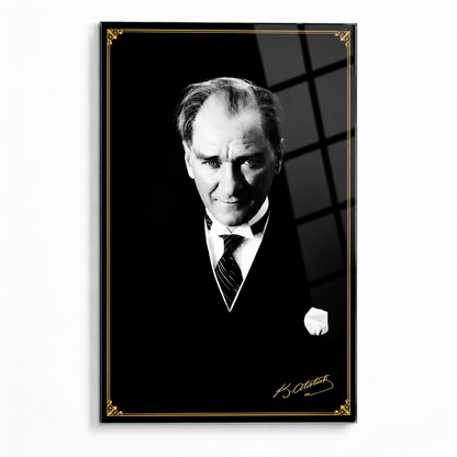 Gold çerçeve detaylı Atatürk portresi CAMDEKO dikey cam tablo beyaz vitrin görseli