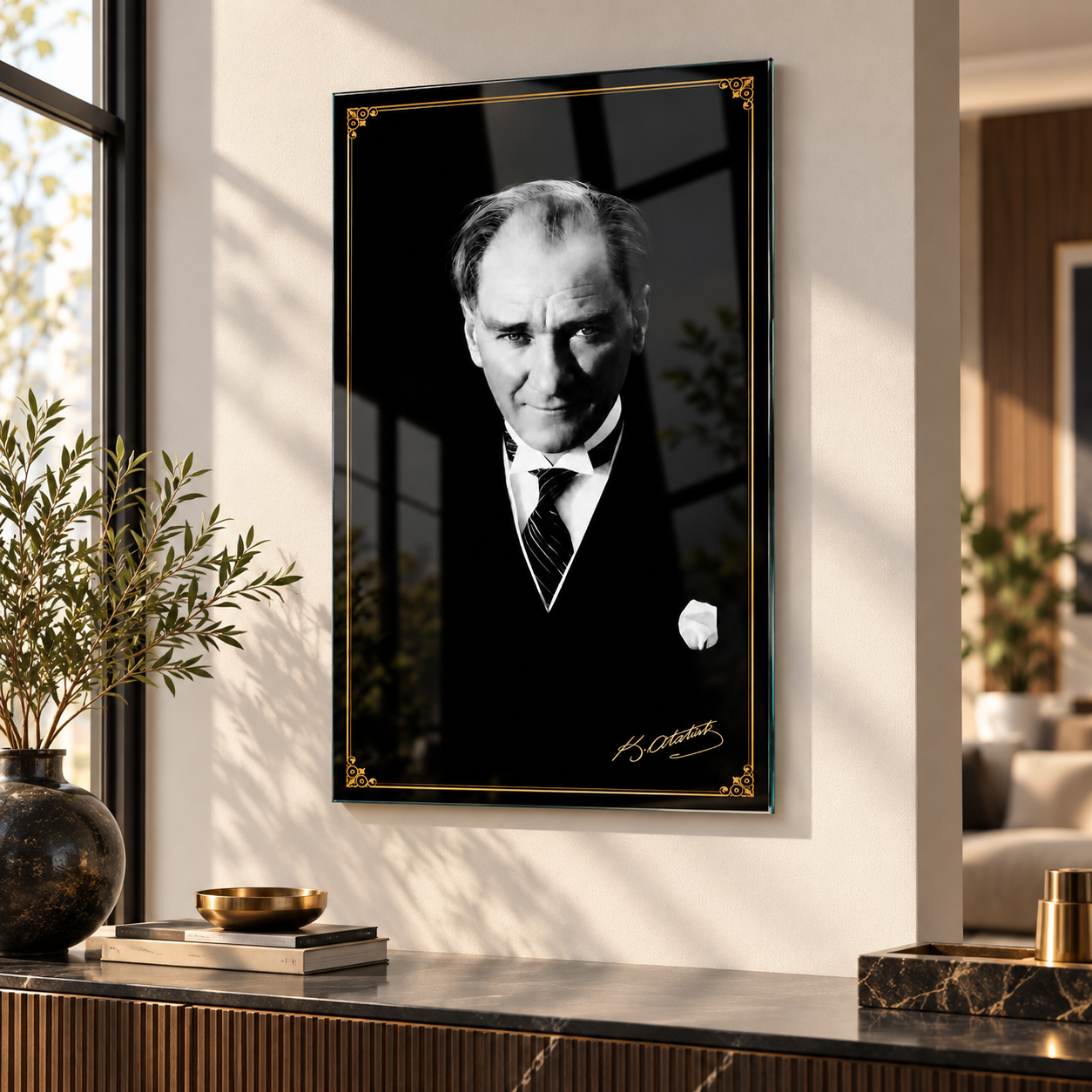 Gold çerçeve detaylı Atatürk cam tablo premium modern mekan duvar dekorasyonu